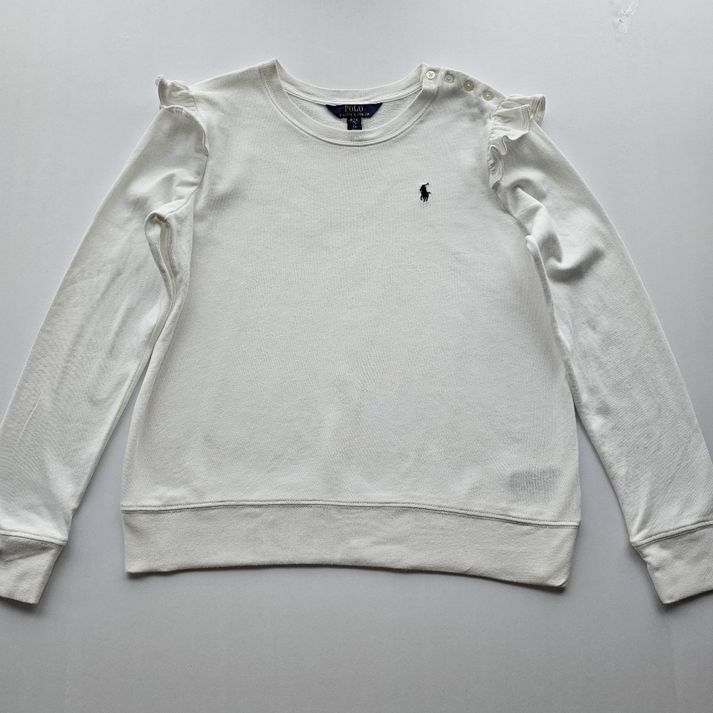 Teen Girls Ralph Lauren White Ruffle Long Sleeve Top Cotton Sweater XL 16